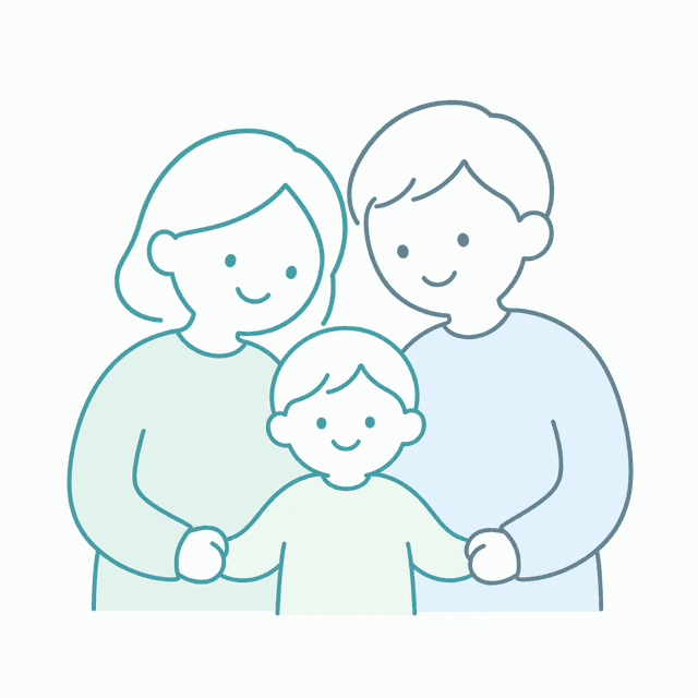 寄り添う親子3人の家族のイラスト