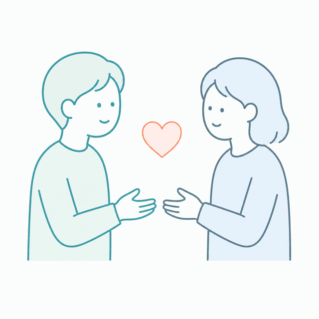 向かい合って歩み寄る2人の人物とハートのイラスト