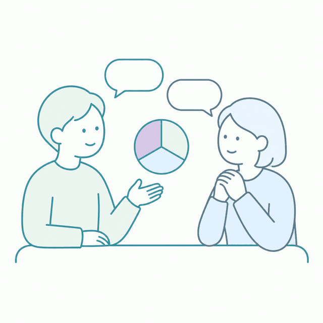 デスクをはさんで対話する同僚2人のイラスト